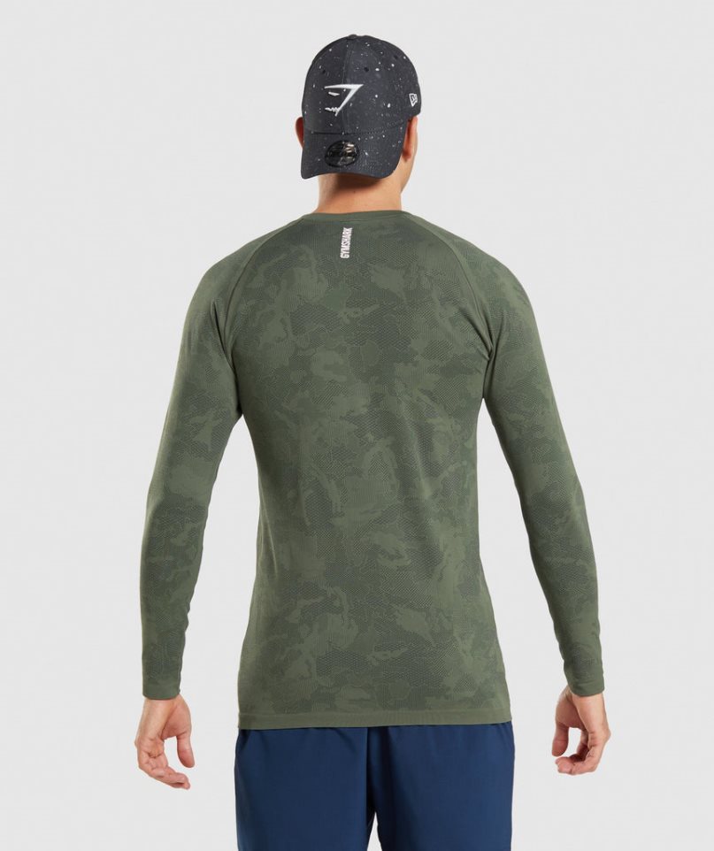 Koszulki Gymshark Geo Seamless Long Sleeve Męskie Oliwkowe | PL 849XJV